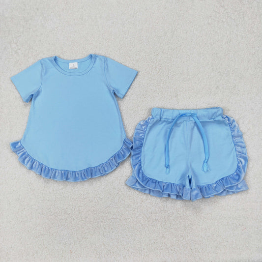 GSSO2183 Blue Color Ruffle Shorts Girls Summer Clothes Set
