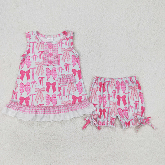 GSSO2187 Pink Bows Tunic Top Shorts Girls Summer Clothes Set