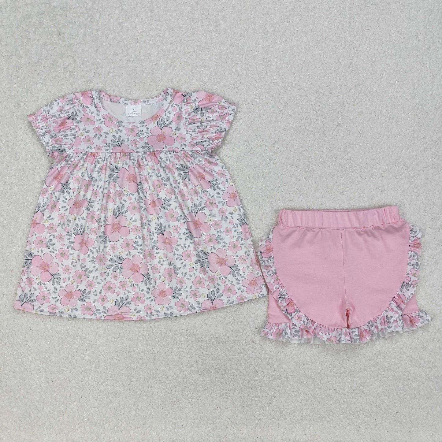 GSSO2194 Flowers Tunic Top Pink Shorts Girls Summer Clothes Set