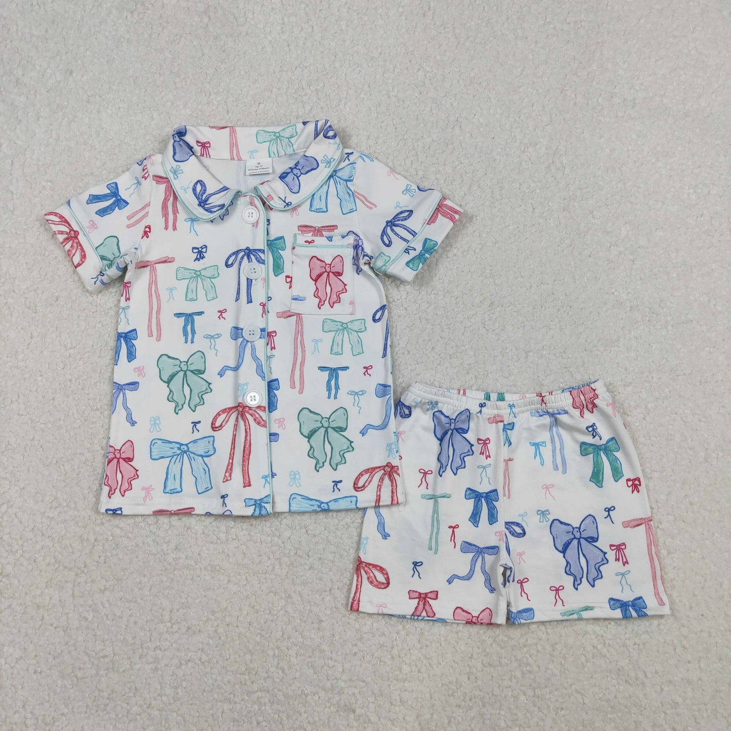 GSSO2217 Colorful Bows White Print Shorts Girls Buttons Summer Pajamas Clothes Set