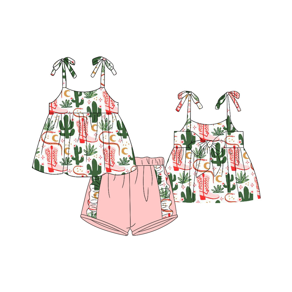 (Pre-order)GSSO2220 Cactus Boots Top Pink Shorts Girls Summer Clothes Set