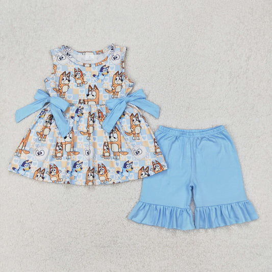GSSO2223 Cartoon Dog Flowers Plaid Tunic Top Blue Shorts Girls Summer Clothes Set
