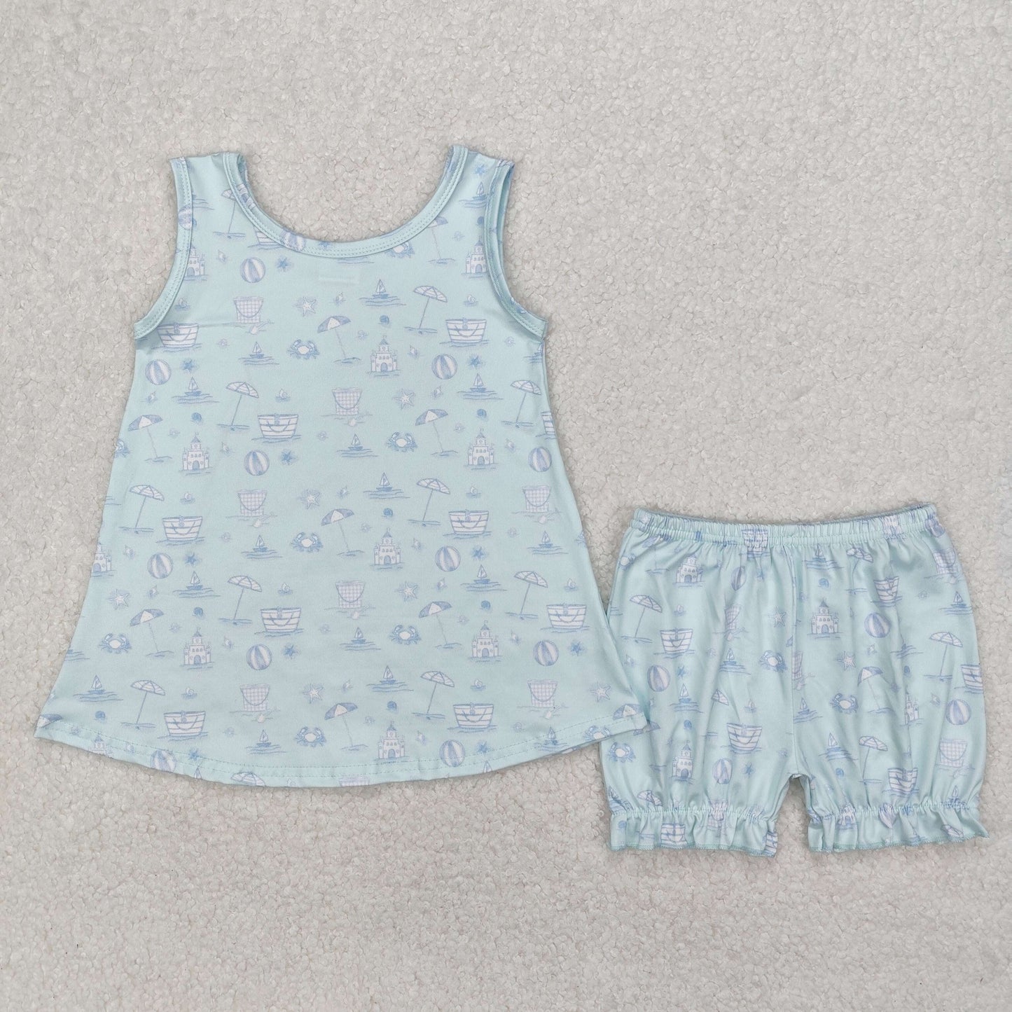 GSSO2224 Beach Ball Blue Print Shorts Girls Summer Clothes Set