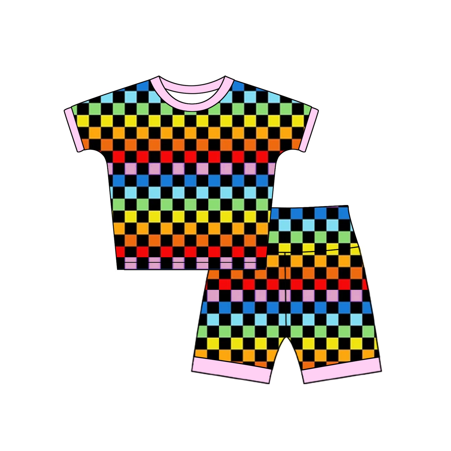 (Pre-order)GSSO2231 Colorful Plaid Print Shorts Girls Summer Clothes Set