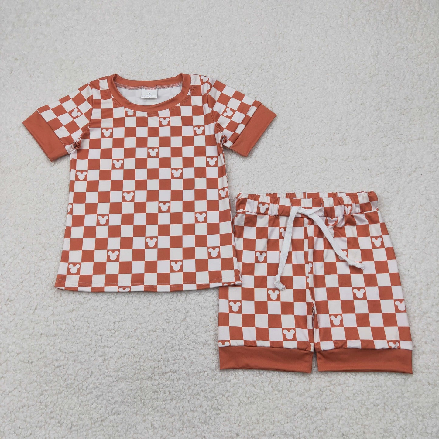 GSSO2232 Cartoon Mouse Brown Plaid Print Shorts Kids Summer Clothes Set