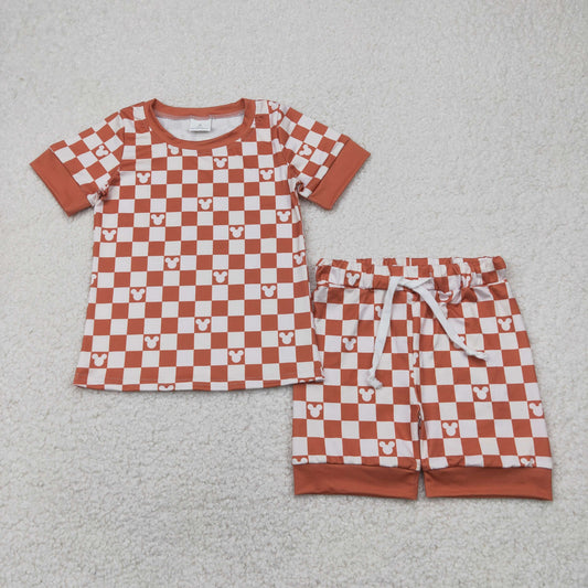 GSSO2232  Cartoon Mouse Brown Plaid Print Shorts Kids Summer Clothes Set