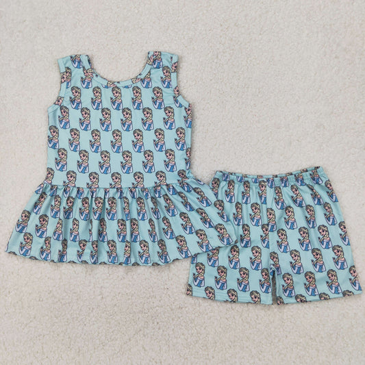 GSSO2234  Cartoon Princess Blue Print Girls Summer Clothes Set