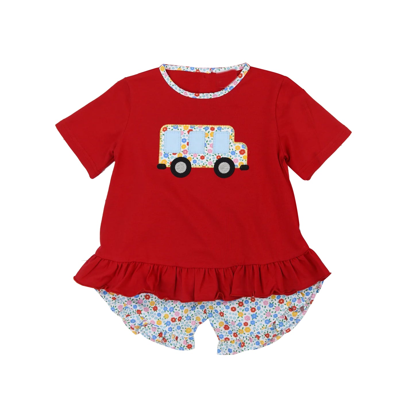 (Pre-order)GSSO2239 School Bus Red Top Flowers Shorts Girls Back to School Clothes Set