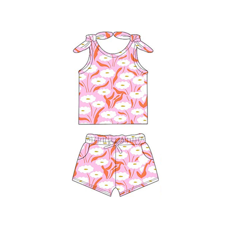 (Pre-order)GSSO2259 Pink Flowers Print Girls Summer Clothes Set