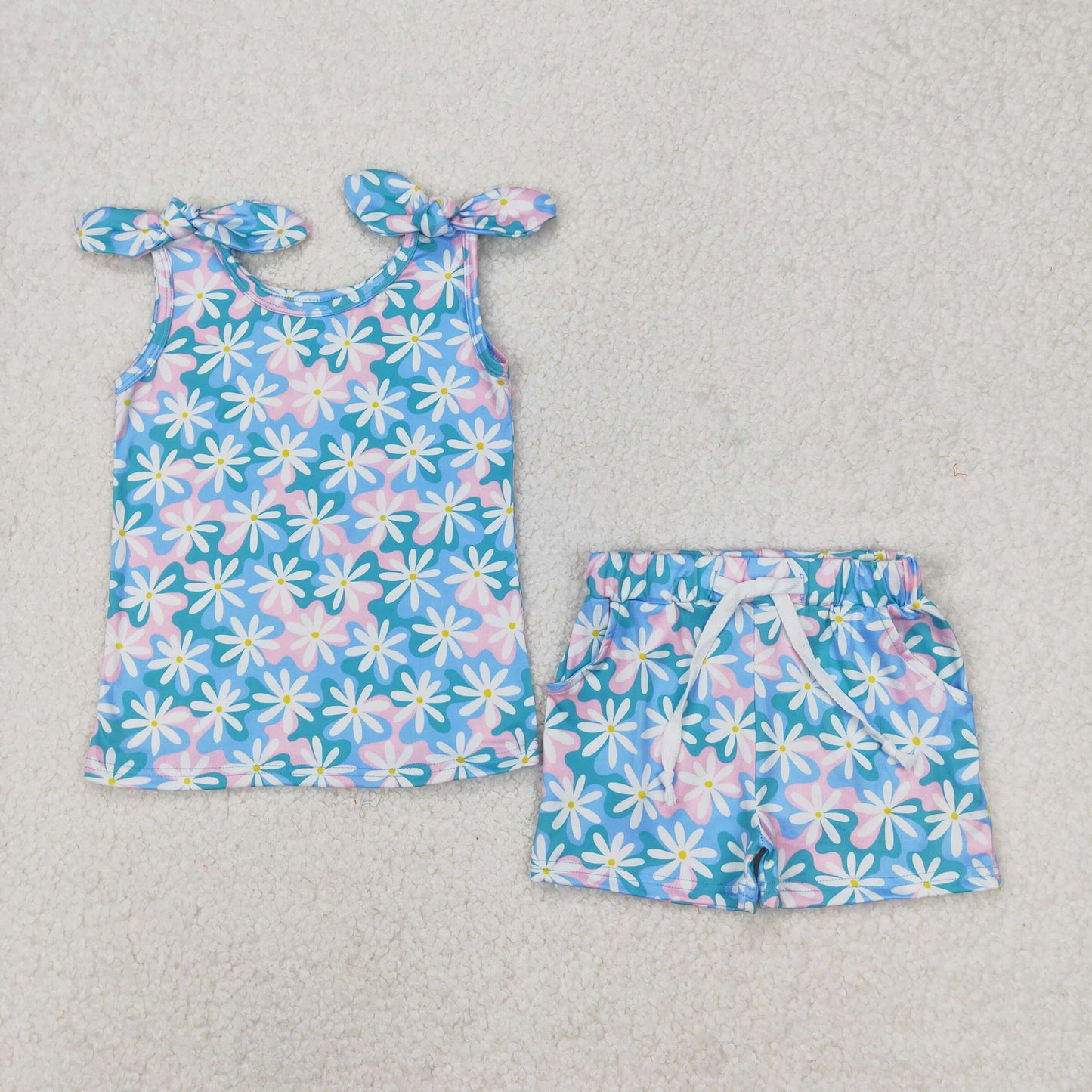 GSSO2262 Blue Flowers Print Girls Summer Clothes Set
