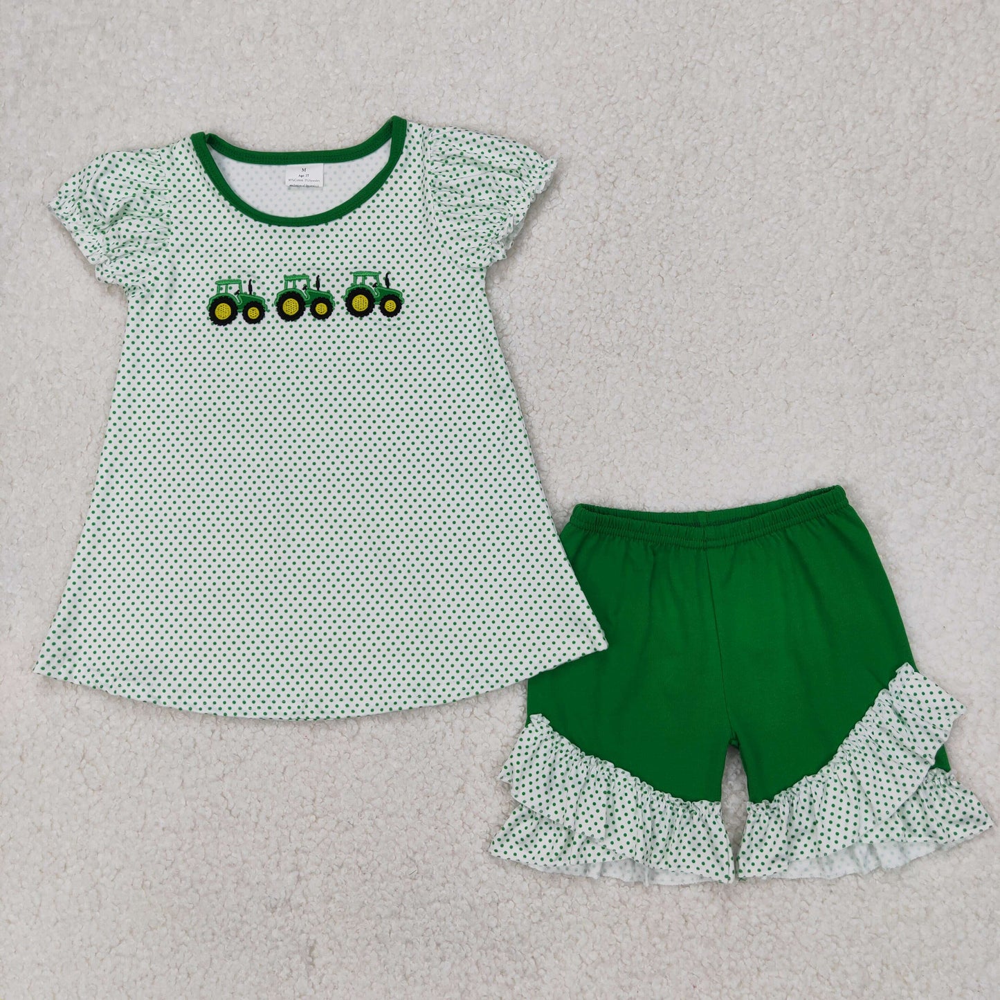 GSSO2268 Tractors Embroidery Dots Tunic Top Green Shorts Girls Summer Clothes Set