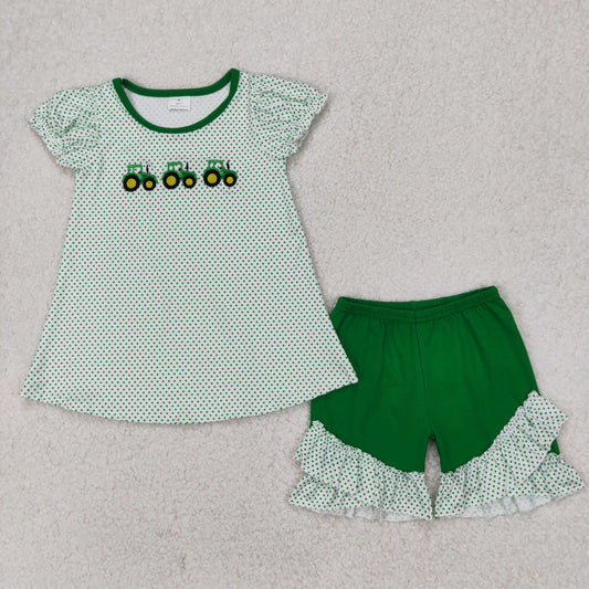 GSSO2268 Tractors Embroidery Dots Tunic Top Green Shorts Girls Summer Clothes Set