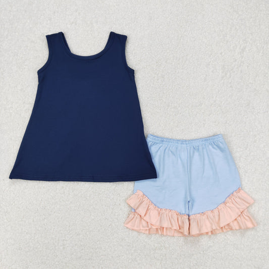 GSSO2272 Navy Backless Top Blue Shorts Girls Summer Clothes Set
