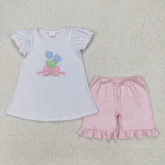 GSSO2275  Flowers Embroidery White Top Pink Stripes Shorts Girls Summer Clothes Set