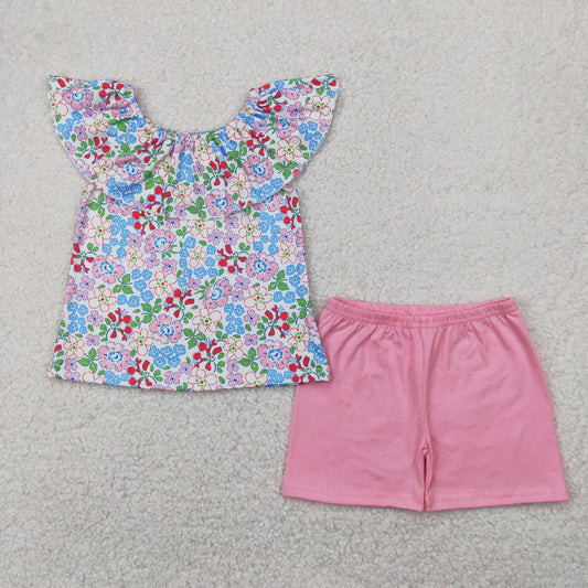 GSSO2277  Colorful Flowers Top Pink Shorts Girls Summer Clothes Set
