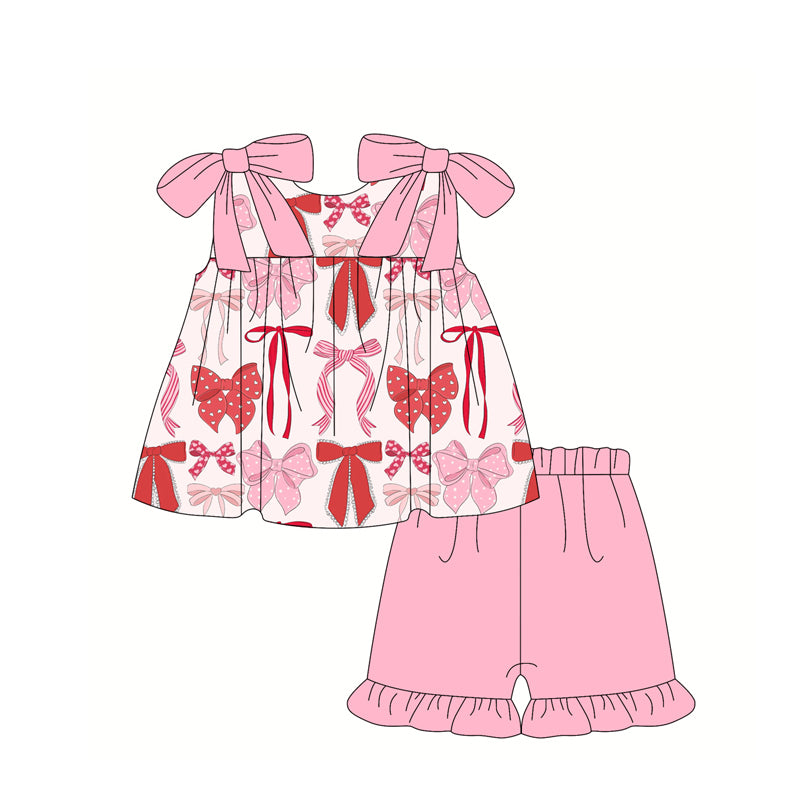 (Pre-order)GSSO2279 Bows Top Pink Shorts Girls Summer Clothes Set