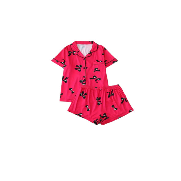 (Pre-order)GSSO2282 Black Bows Red Print Girls Buttons Summer Pajamas Clothes Set