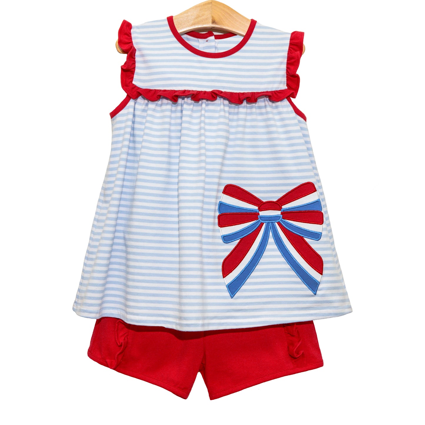 (Pre-order)GSSO2287 Bows Blue Stripes Tunic Top Red Shorts Girls Summer Clothes Set