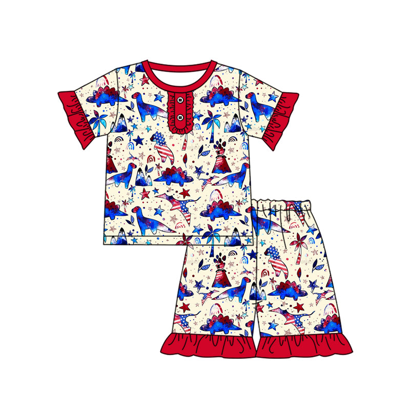 (Pre-order)GSSO2289 Dino Stars Print Girls 4th of July Pajamas Clothes Set