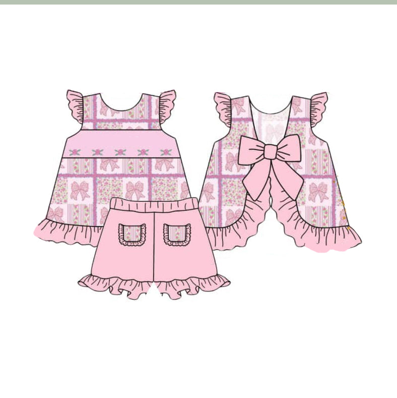 (Pre-order)GSSO2305 Flowers Bows Backless Top Pink Shorts Girls Summer Clothes Set