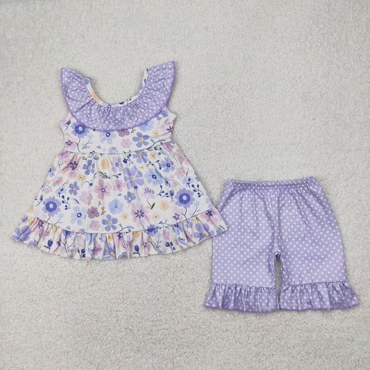 GSSO2306 Purple Flowers Backless Tunic Top Dots Shorts Girls Summer Clothes Set
