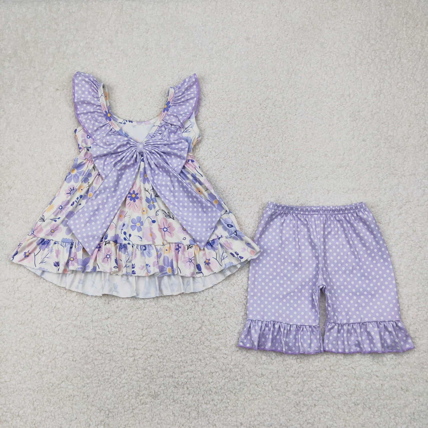 GSSO2306 Purple Flowers Backless Tunic Top Dots Shorts Girls Summer Clothes Set