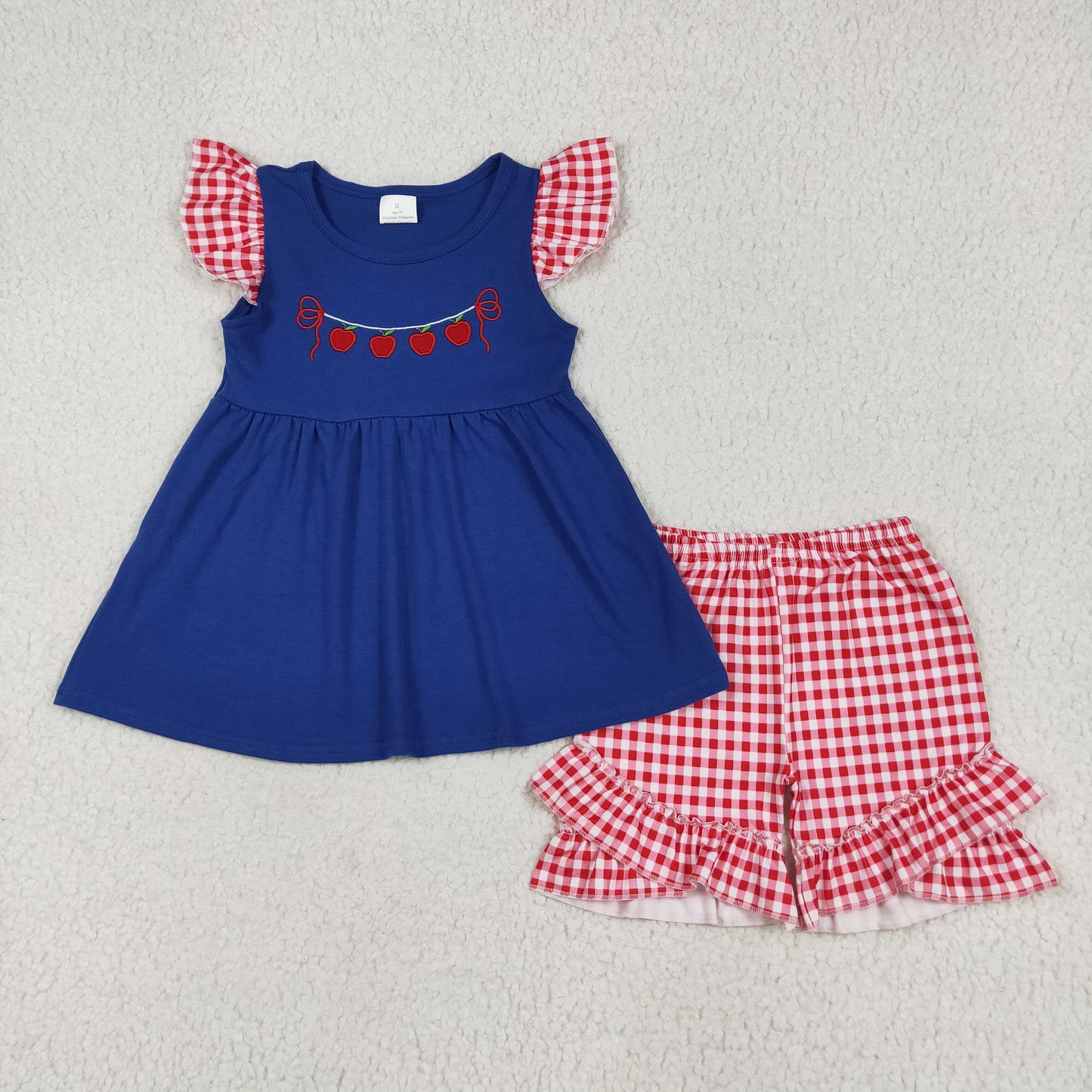 Apple Embroidery Blue Top Red Plaid Shorts Kids Back to School Clothes Sibling Wear