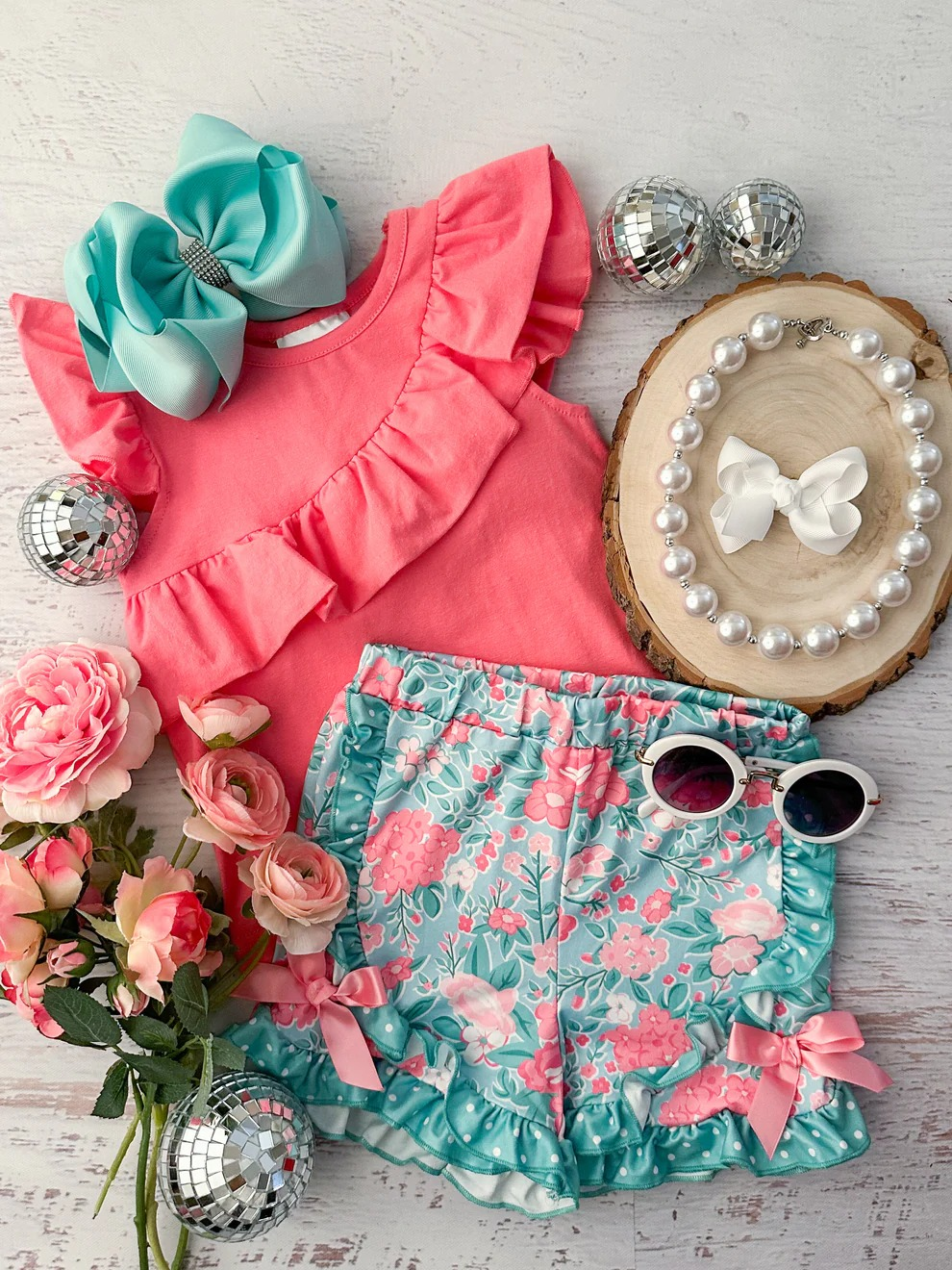 (Pre-order)GSSO2316 Solid Ruffle Top Flowers Shorts Girls Summer Clothes Set