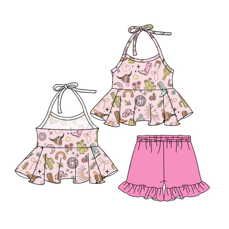 (Pre-order)GSSO2324 Flowers Cactus Western Tunic Top Pink Shorts Girls Summer Clothes Set