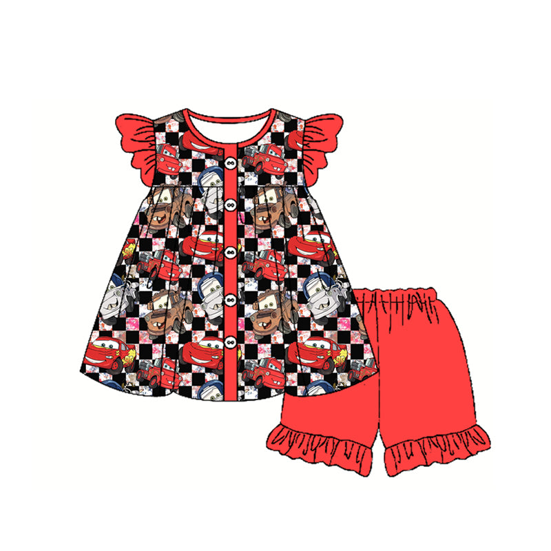 (Pre-order)GSSO2329 Cartoon Cars Plaid Tunic Top Red Shorts Girls Summer Clothes Set
