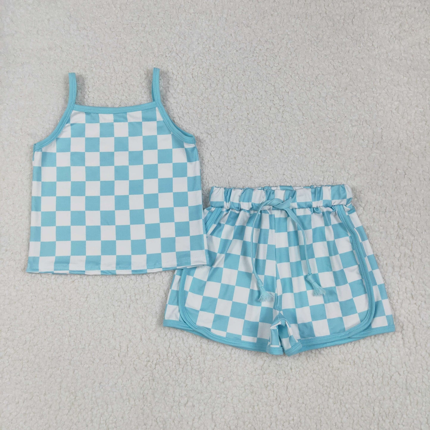 GSSO2332 Blue Plaid Tank Top Shorts Girls Summer Clothes Set