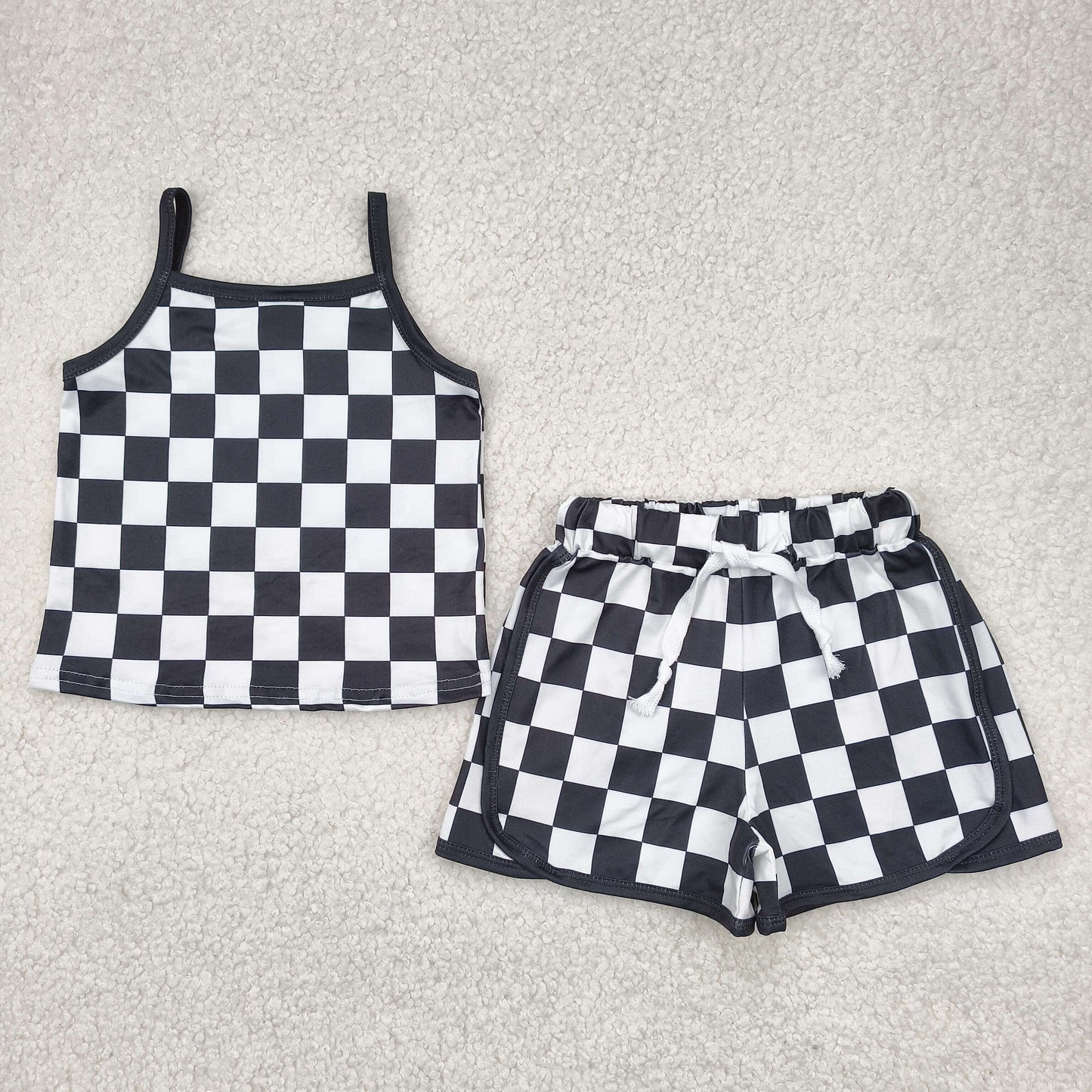 GSSO2334 Black Plaid Shorts Girls Summer Clothes Set