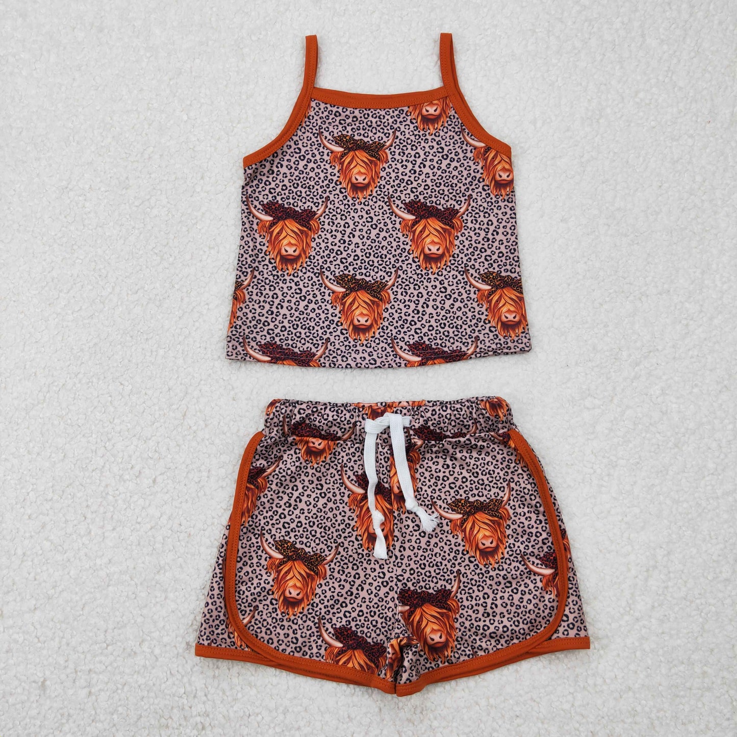 GSSO2341 Highland Cow Leopard Print Shorts Girls Summer Clothes Set