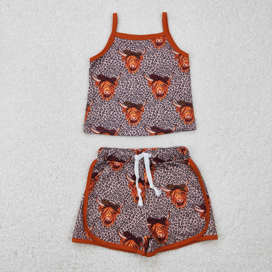 GSSO2341 Highland Cow Leopard Print Shorts Girls Summer Clothes Set