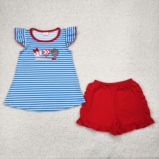 GSSO2348  Baseball Embroidery Stripes Tunic Top Red Shorts Girls Summer Clothes Set