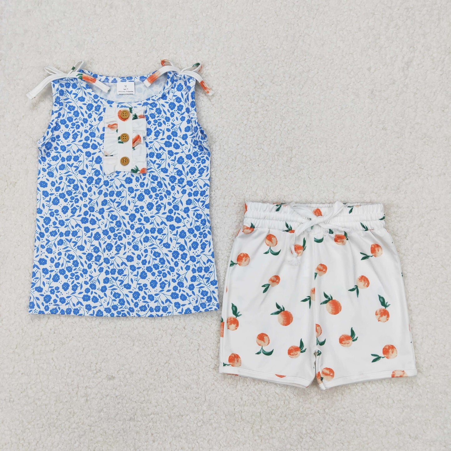 GSSO2355 Blue Flowers Tank Top Peach Shorts Girls Summer Clothes Set