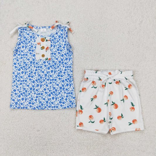 GSSO2355 Blue Flowers Tank Top Peach Shorts Girls Summer Clothes Set