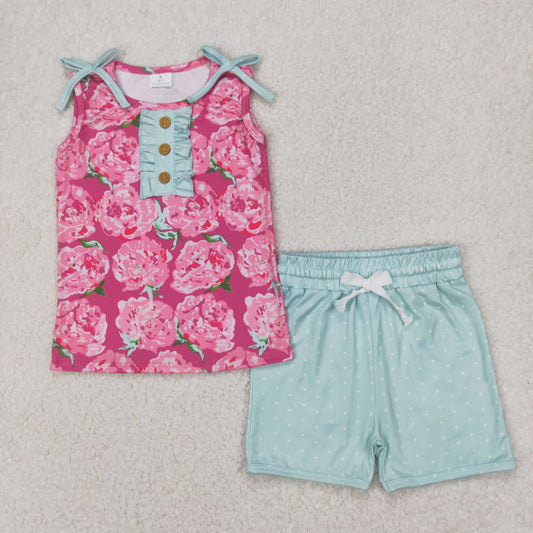 GSSO2356 Flowers Tank Top Dots Shorts Girls Summer Clothes Set