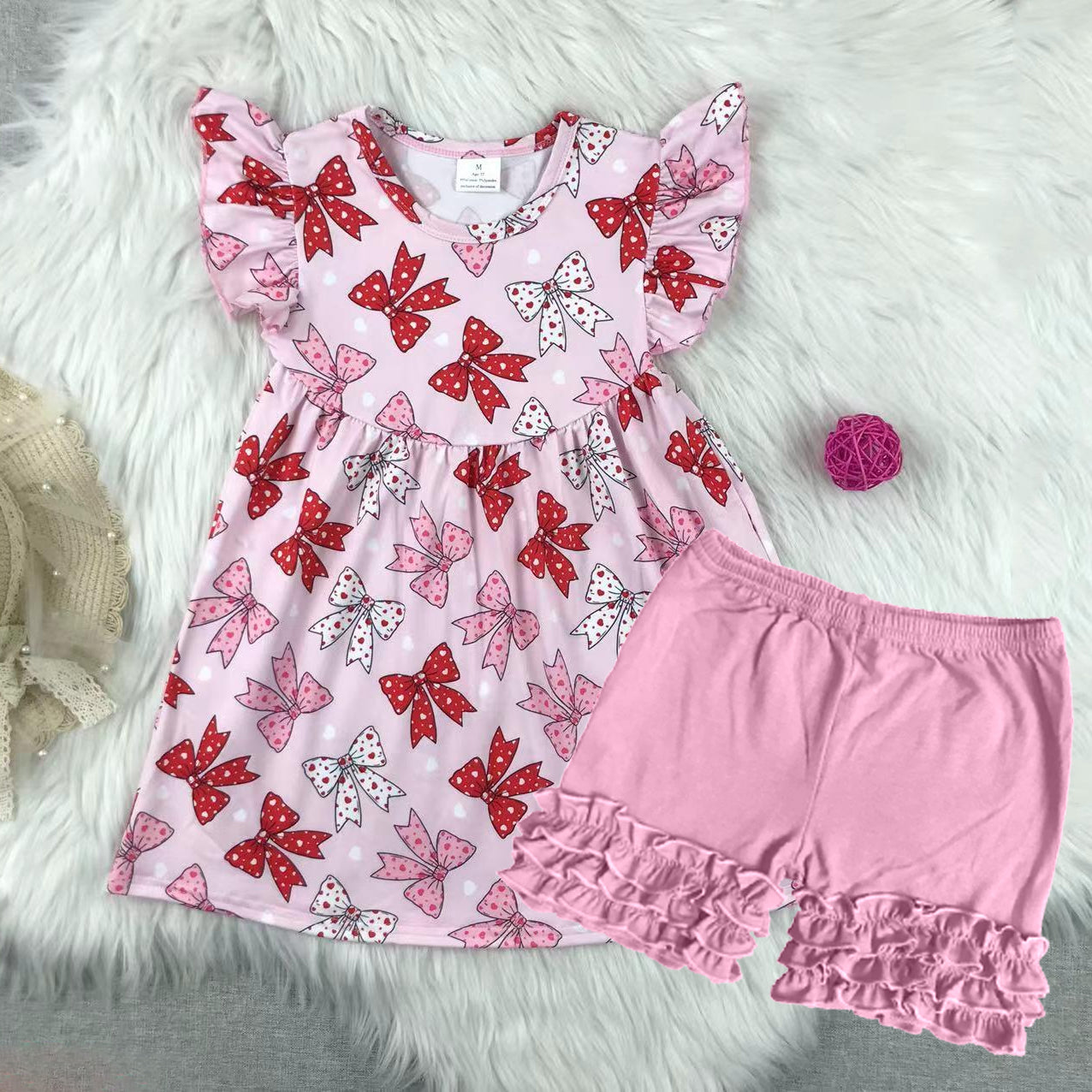 (Pre-order)GSSO2360 Red Pink Bows Tunic Top Icing Ruffle Shorts Girls Summer Clothes Set