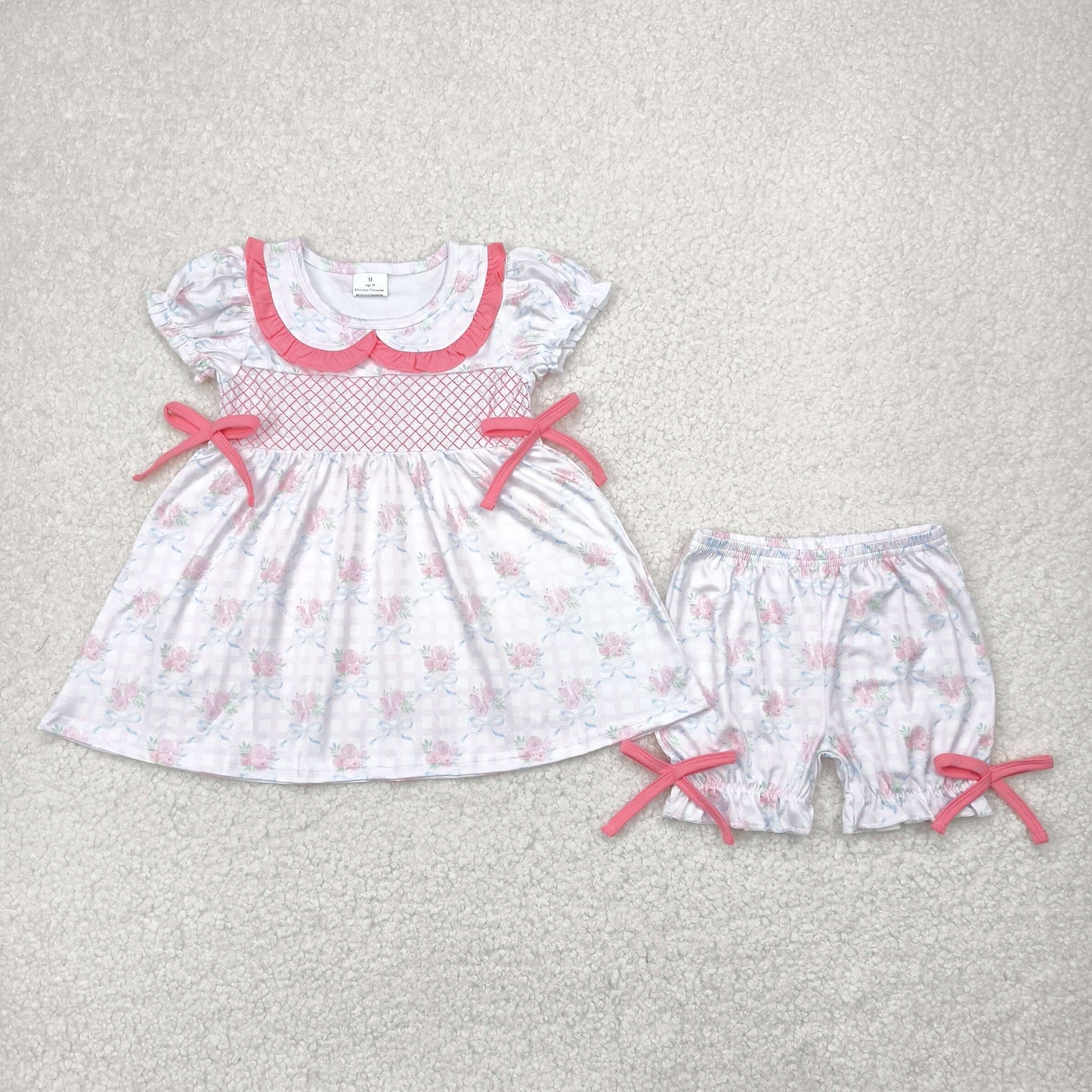 Embroidery Pink Small Flowers Print Sisters Summer Matching Clothes