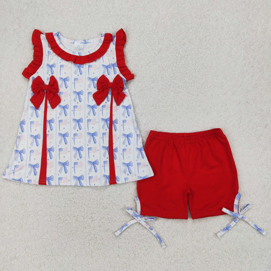 GSSO2373 Flag Bows Blue Tunic Top Red Shorts Girls 4th of July Clothes Set