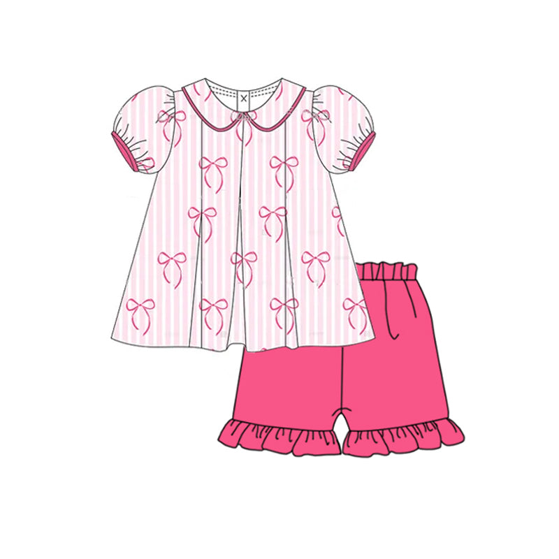 (Pre-order)GSSO2382 Bows Stripes Tunic Top Pink Shorts Girls Summer Clothes Set