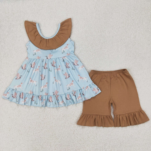 GSSO2385 Duck Dog Tunic Top Brown Shorts Girls Summer Clothes Set