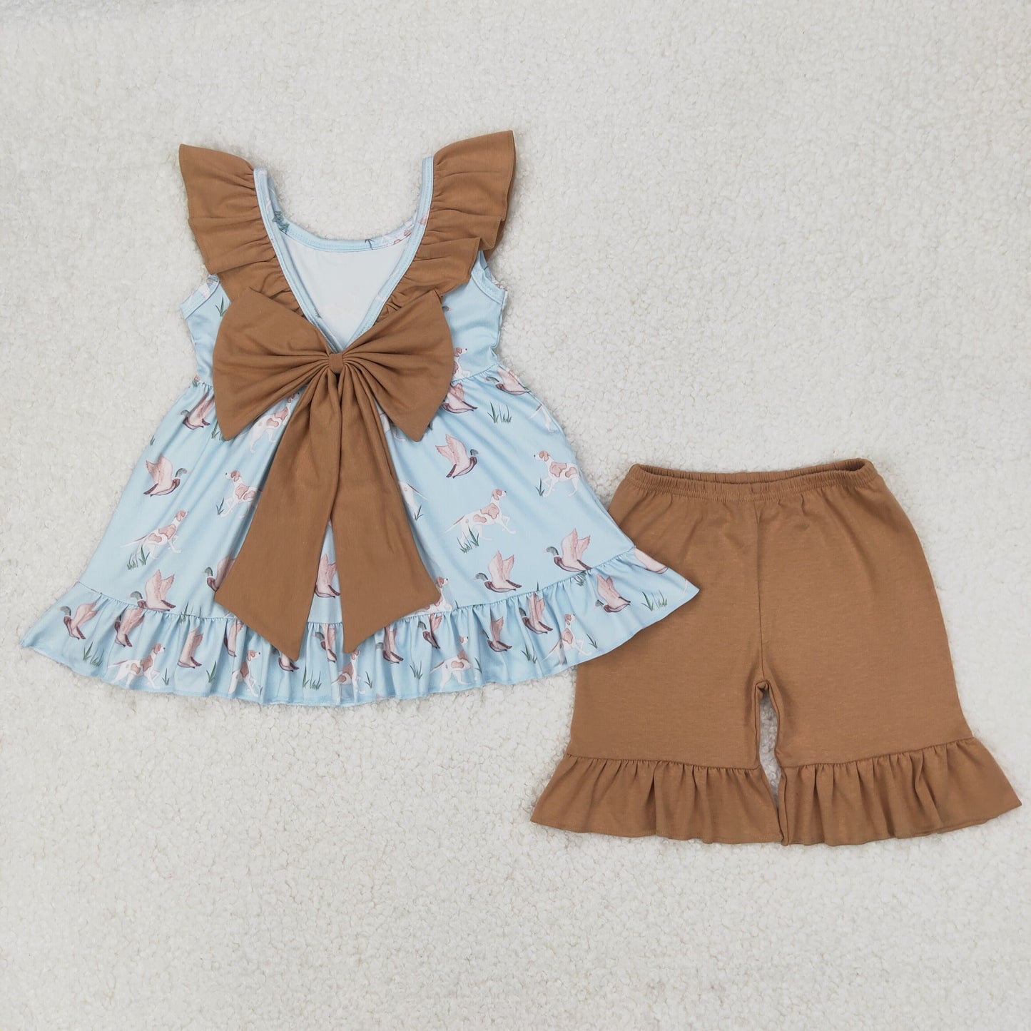 GSSO2385 Duck Dog Tunic Top Brown Shorts Girls Summer Clothes Set