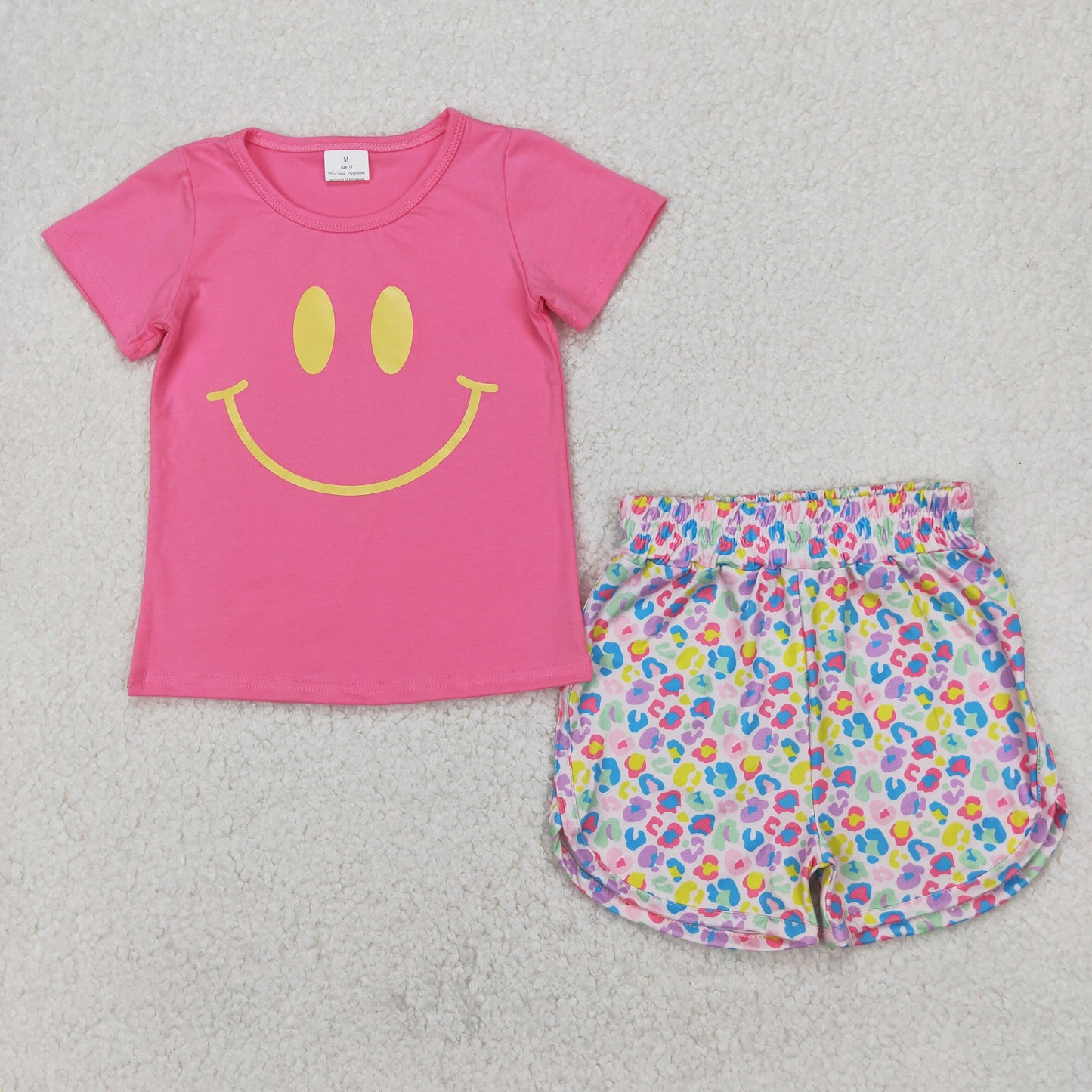 Smiling Face Vinyl Top Flowers Shorts Girls Summer Clothes Set Sisters Wear