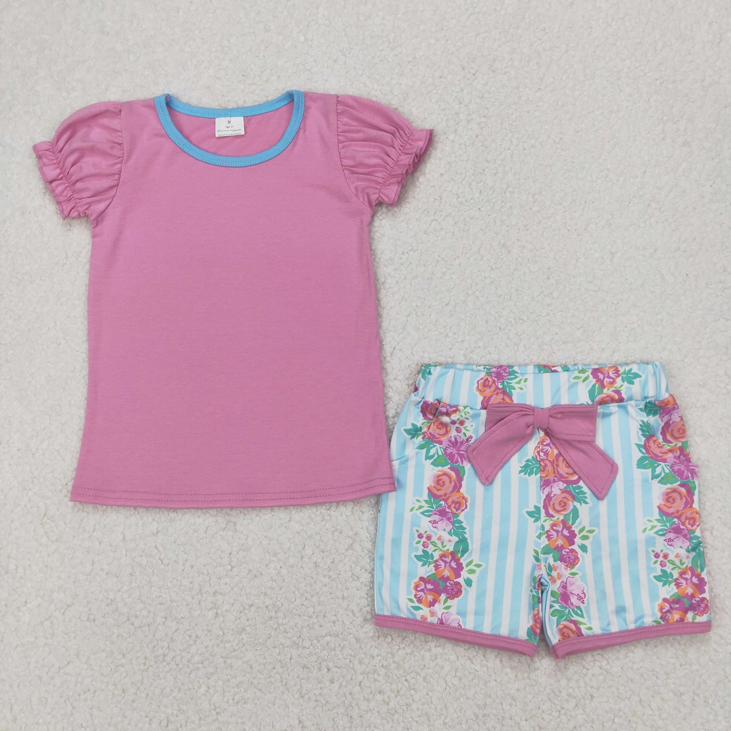 GSSO2389 Pink Top Flowers Stripes Shorts Girls Summer Clothes Set