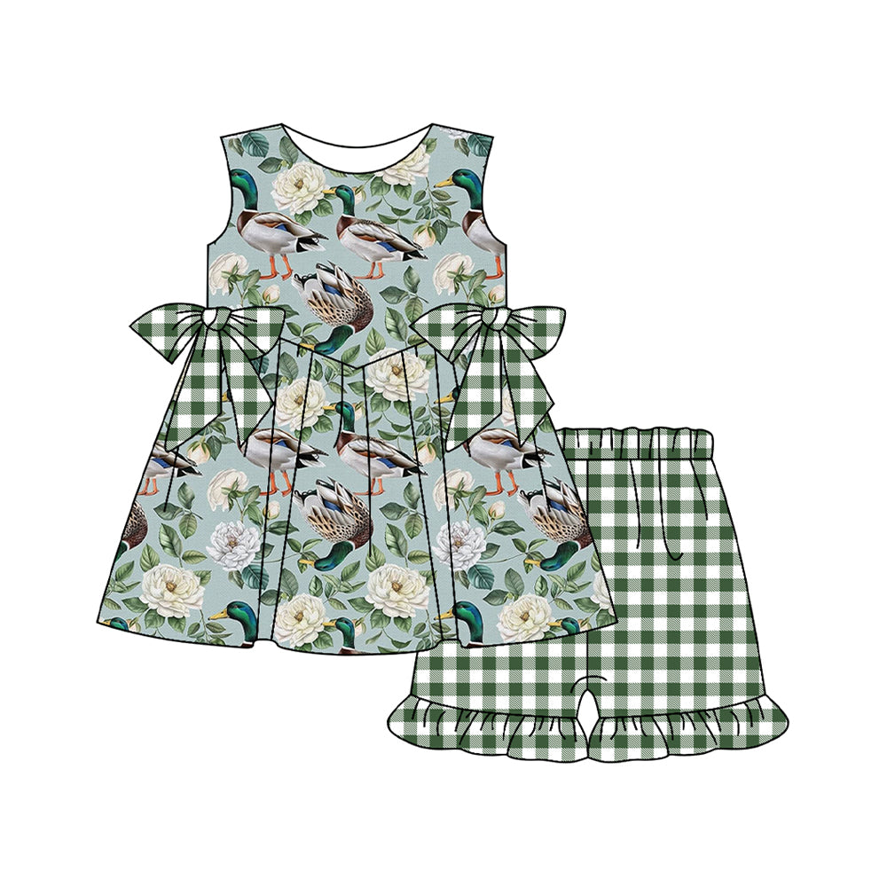 (Pre-order)GSSO2393 Duck Flowers Plaid Tunic Top Green Plaid Shorts Girls Summer Clothes Set