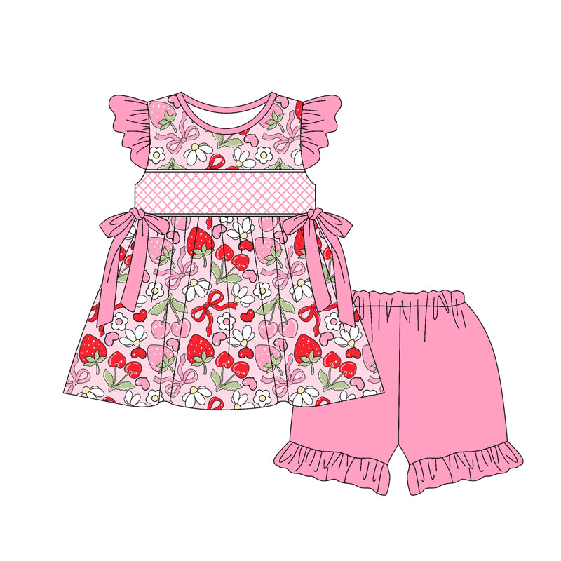 (Pre-order)GSSO2400 Strawberry Cherry Bows Tunic Top Pink Shorts Girls Summer Clothes Set