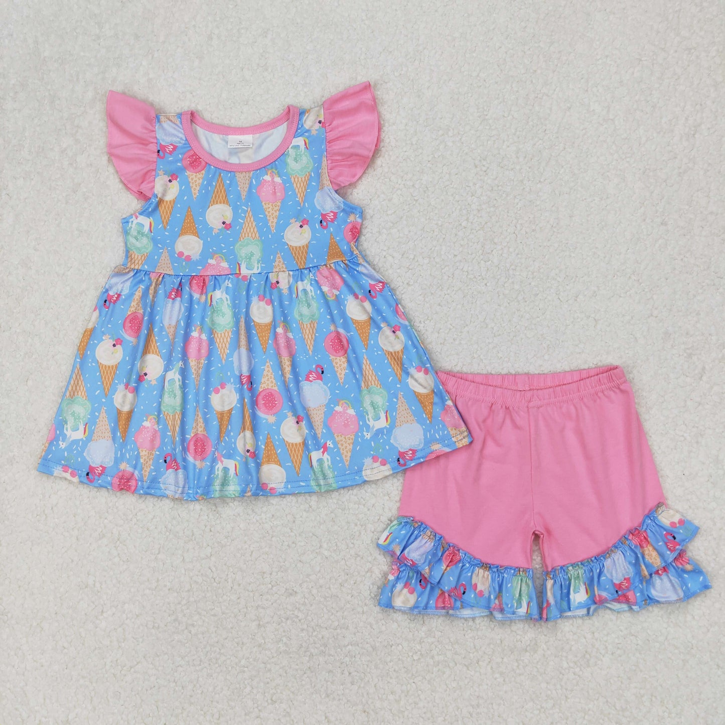 GSSO2402 Flamingo Ice Cream Tunic Top Pink Shorts Girls Summer Clothes Set