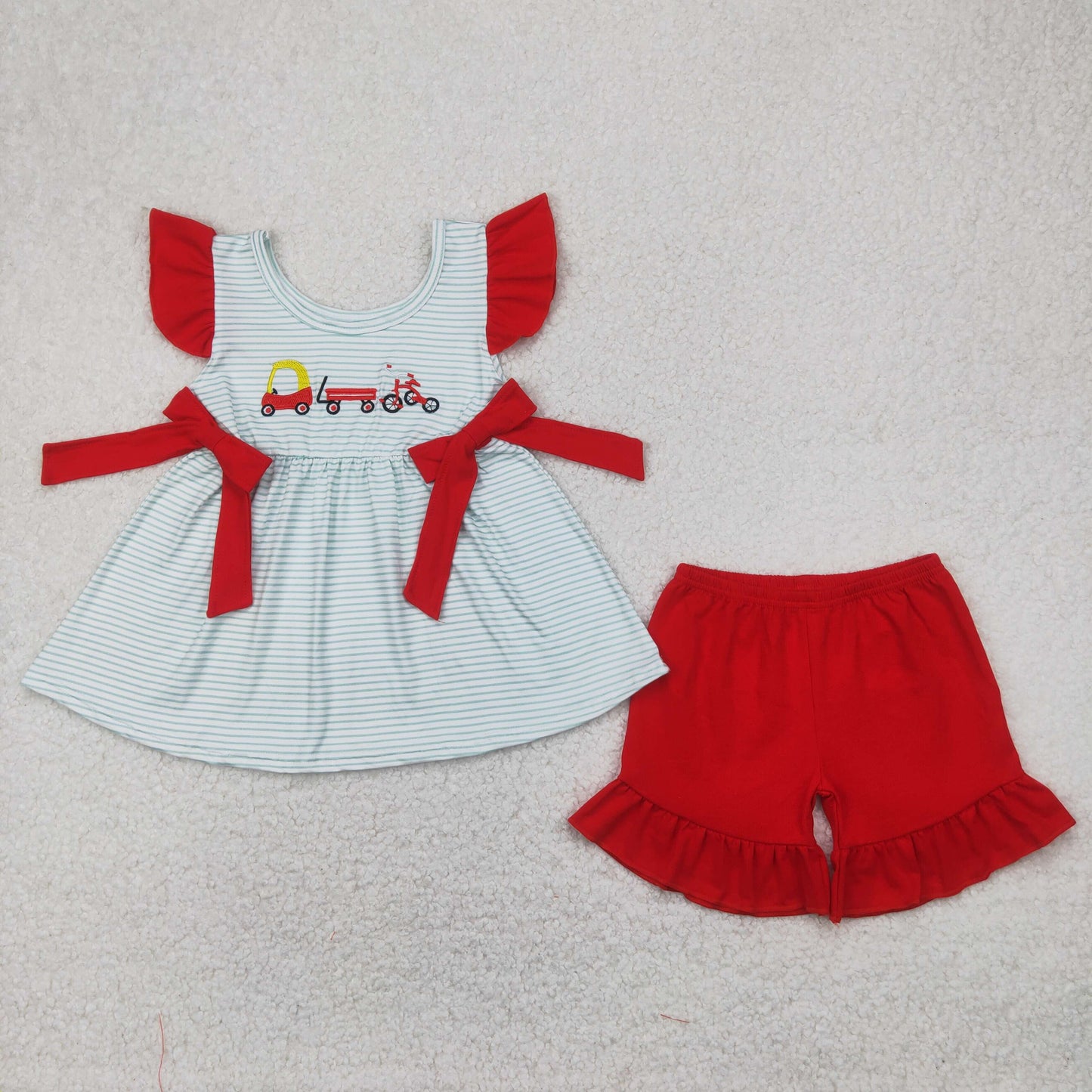 GSSO2404 Baby Trucks Embroidery Stripes Tunic Top Red Shorts Girls Summer Clothes Set